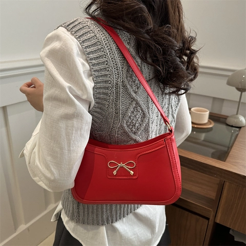 Women PU Leather Underarm Bag With Gold Bow Metal Decor Crescent Shoulder Hobo Bag Vintage French Style Daily Handbag