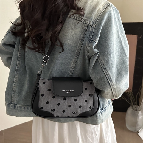 Women Shoulder Crossbody Bag Polka Dot Bow Print PU Leather Fabric Splicing Flap Square Underarm Handbag Adjustable Strap