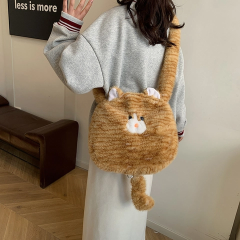 Borsa A Tracolla In Peluche A Forma Di Gatto Design Animale Carino Pelliccia Sintetica Borsa A Mano Con Decorazione A Coda Per Donne