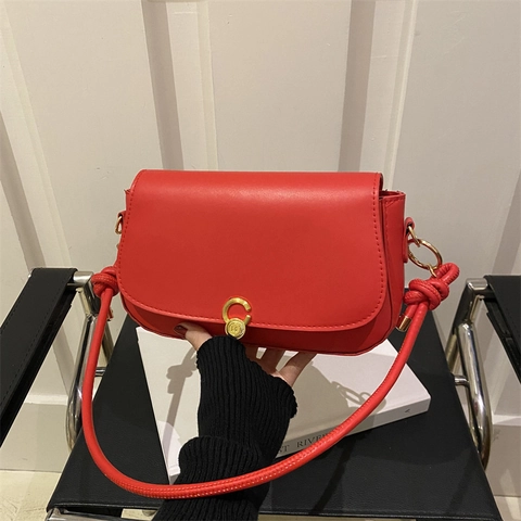 Retro PU Leather Shoulder Bag For Women Solid Color Flap Small Square Bag Gold Lock Knotted Strap Elegant Underarm Handbag