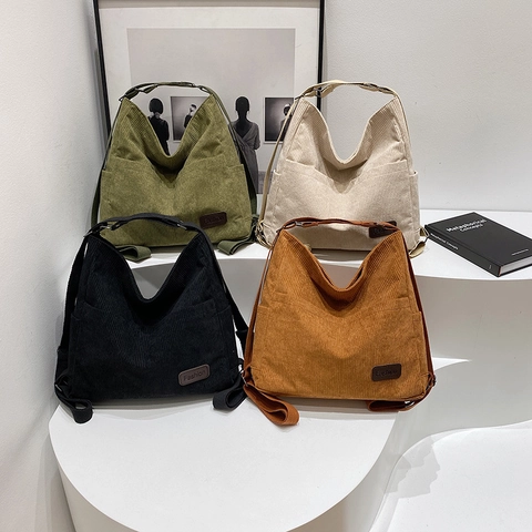 Bolso Tote de Pana para Mujer Gran Capacidad Vintage Bolso de Hombro Casual Con Parche de Moda Color Sólido para Trabajo Diario