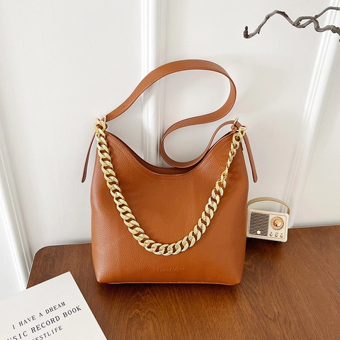 Hobo Bag For Women Large Capacity PU Lychee Leather Shoulder Bag With Gold Thick Chain Retro Chic Solid Color Tote