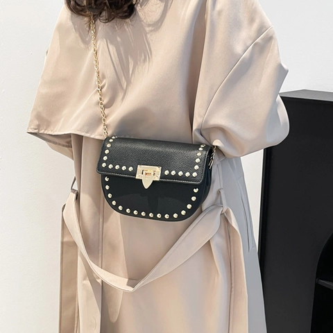 Bolso de Montura de Cuero PU para Mujer Moda Textura Lichi Correa de Cadena Bolso de Hombro Casual Minimalista con Hebilla de Metal