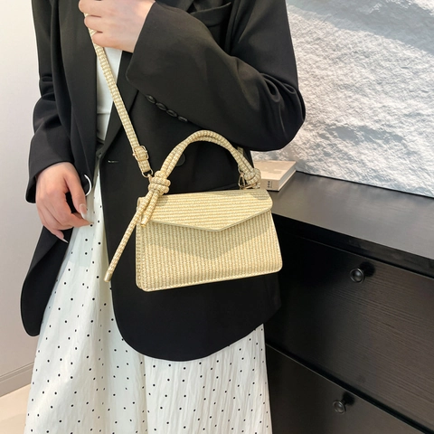 Women Woven PU Leather Small Square Bag With Knot Handle Fashion Solid Color Shoulder Crossbody Bag Handbag For Daily Travel