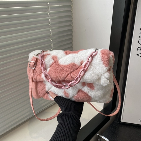 Borsa a Spalla da Donna in Peluche con Stampa Leopardata e Mucca Borsa Sottobraccio in Pelliccia Sintetica con Decorazione a Catena