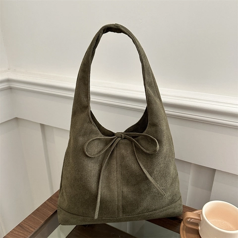 Bolso De Hombro Vintage De Ante Para Mujer Gran Capacidad Con Lazo Decorativo Minimalista Casual Bolso De Axila