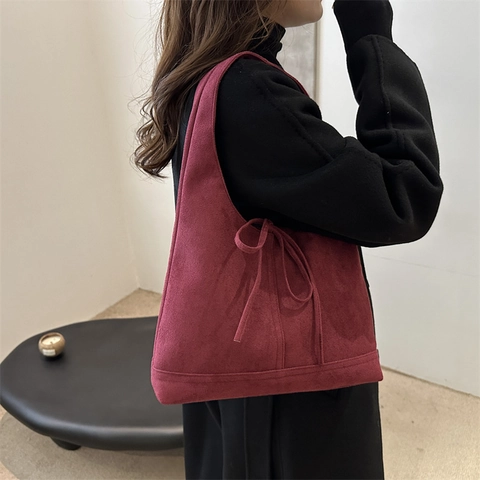 Bolso De Hombro Vintage De Ante Para Mujer Gran Capacidad Con Lazo Decorativo Minimalista Casual Bolso De Axila