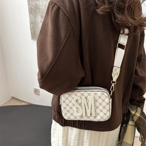 Vintage Monogram Camera Tas PU Leer Retro Letter SM Crossbody Kleine Vierkante Tas Met Brede Schouderband Voor Dames Mode