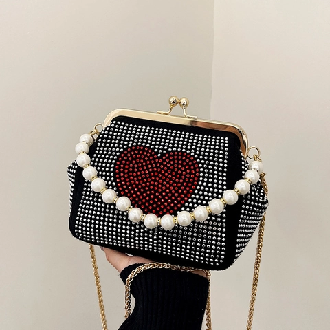 Sac De Soirée Strass Design Coeur Poignée Künstliche Perle Sac Bandoulière Pour Femme Paillettes Pochette Fermoir Kiss Lock Avec Chaîne En Métal