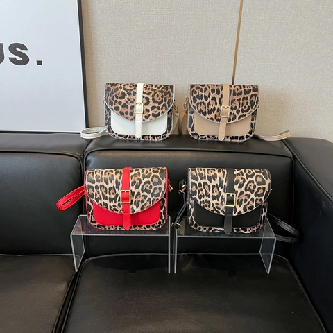 Bolso de Silla con Estampado de Leopardo para Mujer Cuero de PU Color de Contraste Solapa Bolso Bandolera con Hebilla de Metal