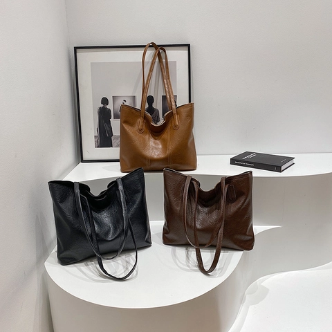 Women's Vintage Large Capacity Tote Bag PU Leather Casual Commute Shoulder Bag Minimalist Office Handbag Shopping Bag