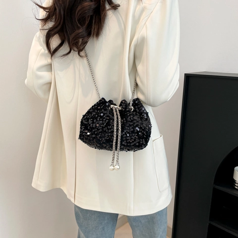 Fashion Sequined Bucket Bag Elegant Drawstring Evening Purse With Pearl Chain Crossbody Shoulder Bag For Party Wedding