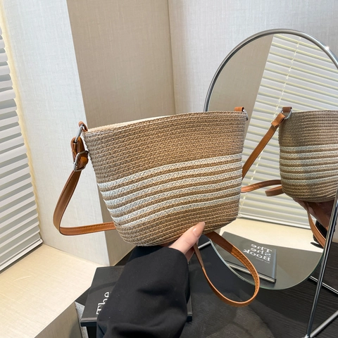 Bolso de Cubo de Paja Tejida a Rayas para Mujer Bolso Bandolera de Vacaciones en la Playa Bolso de Mano de Verano de Gran Capacidad
