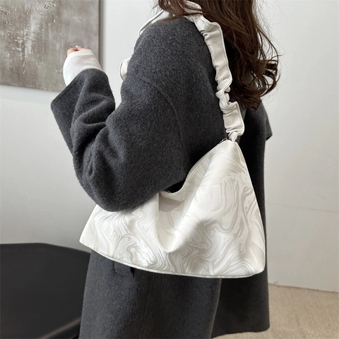 Sac À Épaule En Cuir PU À Motif Marbre Avec Bandoulière Froncée Sac Hobo De Grande Kapacité Pour Femmes