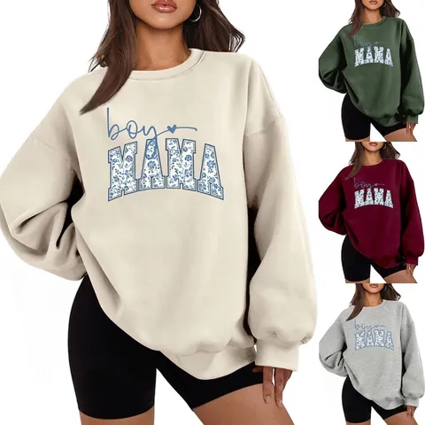 Damen Oversize Rundhals Sweatshirt Boy Mama Buchstabendruck Blumenmuster Langarm Fleece Gefüttert Pullover Casual Top