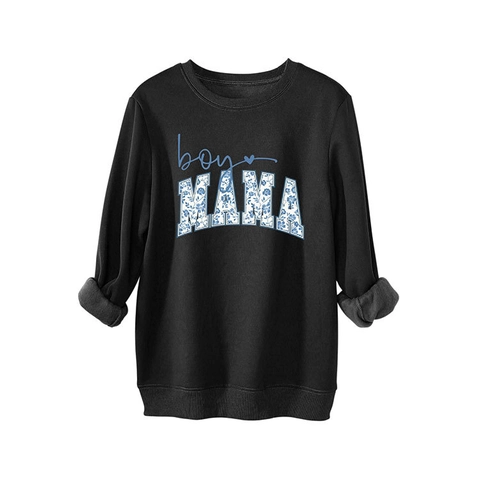 Damen Oversize Rundhals Sweatshirt Boy Mama Buchstabendruck Blumenmuster Langarm Fleece Gefüttert Pullover Casual Top