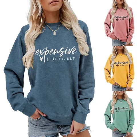 Damen Sweatshirt Expensive Difficult Buchstaben Herz Print Rundhalsausschnitt Langarm Locker Streetwear Baumwollmischung Pullover Top
