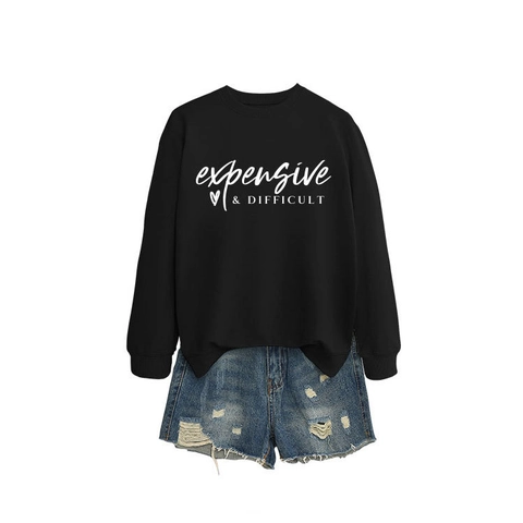 Damen Sweatshirt Expensive Difficult Buchstaben Herz Print Rundhalsausschnitt Langarm Locker Streetwear Baumwollmischung Pullover Top