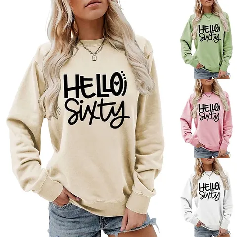 Hello Sixty Print Sweatshirt Und Distressed Denim Shorts Lässiger Rundhals Langarm Pullover Geburtstag Grafik Für Damen