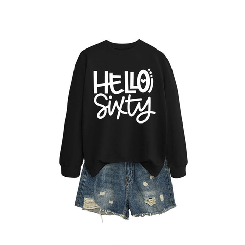 Hello Sixty Print Sweatshirt Und Distressed Denim Shorts Lässiger Rundhals Langarm Pullover Geburtstag Grafik Für Damen