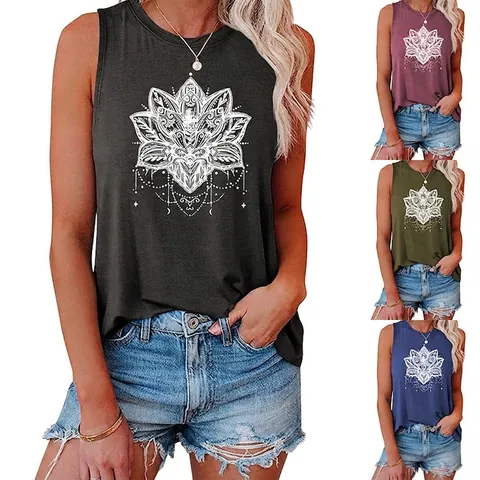 Damen Mandala Lotus Druck Tanktop Ärmellos Baumwollmischung Lässig Locker Sommer Grafik Tee Shirt Böhmisch Weste Top