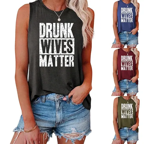 Canotta Donna Misto Cotone Senza Maniche Girocollo Ampia Nodo Laterale Stampa Lettere Top Estivo Casual