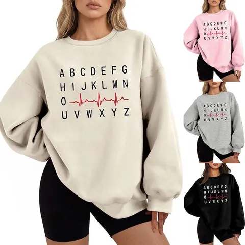 Damen Rundhals Sweatshirt Fleece Gefüttert Baumwolle Langarm Herzschlag Alphabet Druck Locker Lässig Winter Pullover Top