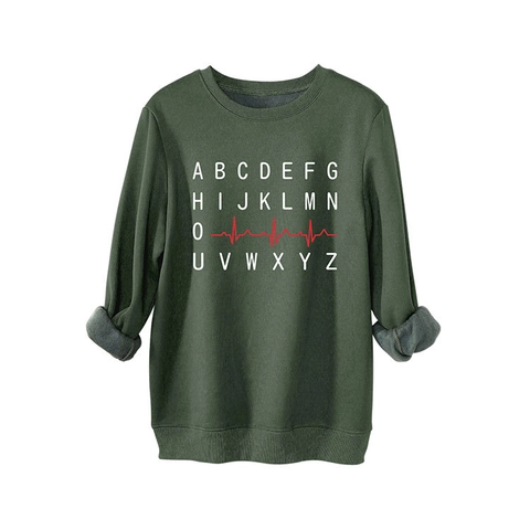 Damen Rundhals Sweatshirt Fleece Gefüttert Baumwolle Langarm Herzschlag Alphabet Druck Locker Lässig Winter Pullover Top