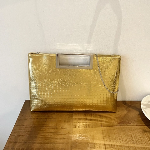 Women Crocodile Embossed Crossbody Bag Vintage Metal Handle Clutch Purse With Chain Strap Elegant Evening Handbag