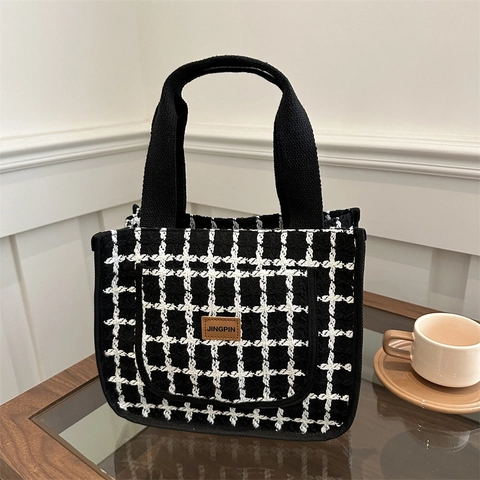 Sac Fourre-tout en Tweed Pied-de-poule pour Femmes Sac à Main Tissé Élégant Patch en Cuir Fermeture Éclair Sac à Bandoulière