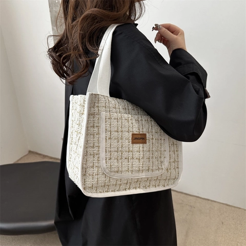 Sac Fourre-tout en Tweed Pied-de-poule pour Femmes Sac à Main Tissé Élégant Patch en Cuir Fermeture Éclair Sac à Bandoulière