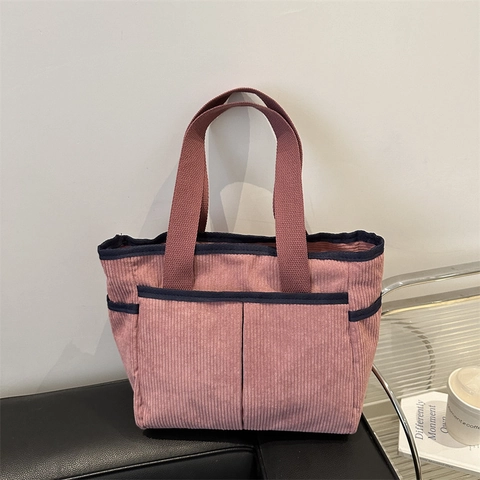 Retro Corduroy Tote Bag Voor Dames Grote Capaciteit Multi-pocket Contrast Trim Rits Japanse Casual Schoudertas
