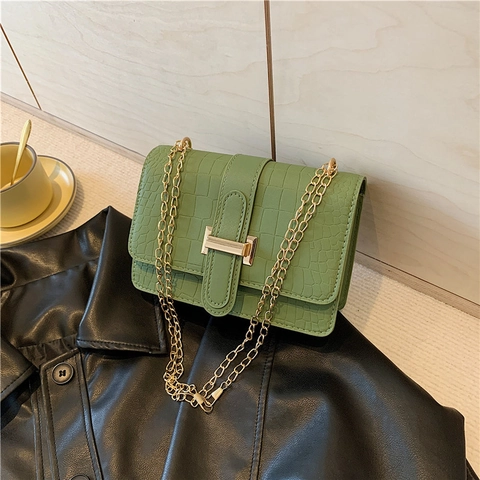 Women Crossbody Bag PU Leather Crocodile Pattern Gold Metal Buckle Chain Strap Small Square Vintage Style