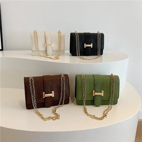 Sac À Bandoulière Pour Femmes Motif Crocodile Cuir PU Chaîne En Métal Doré Petit Sac Carré Élégant Chic