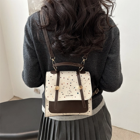 Zaino Mini in Pelle PU a Pois Retro da Donna Colore a Contrasto Moda Piccolo Zainetto Con Design Logo Coniglio