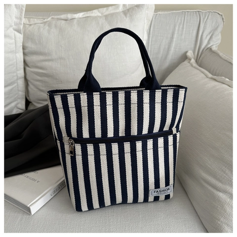 Sac Fourre-Tout en Toile à Rayures à la Mode pour Femmes Grande Capacité Sac à Main Décontracté Avec Poche Avant Zippée Sac Versatile