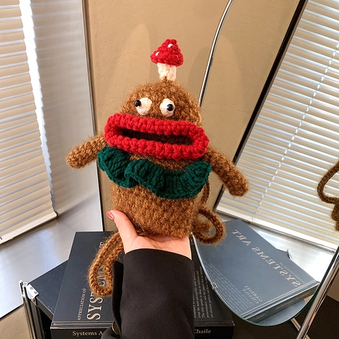 Handmade Crochet Monster Crossbody Bag Knitted Big Mouth Phone Pouch Funny Creature Shoulder Bag For Women Girls Fashion Accessory