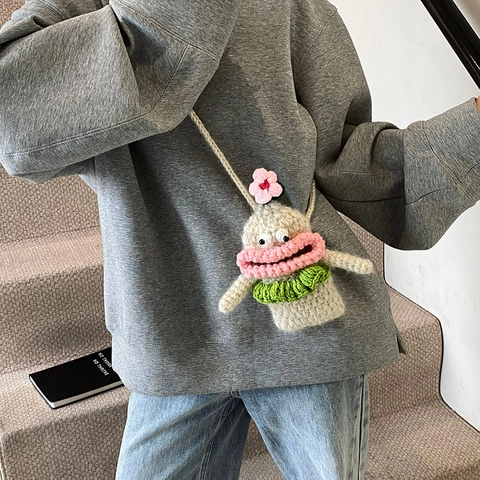 Handmade Crochet Monster Crossbody Bag Knitted Big Mouth Phone Pouch Funny Creature Shoulder Bag For Women Girls Fashion Accessory