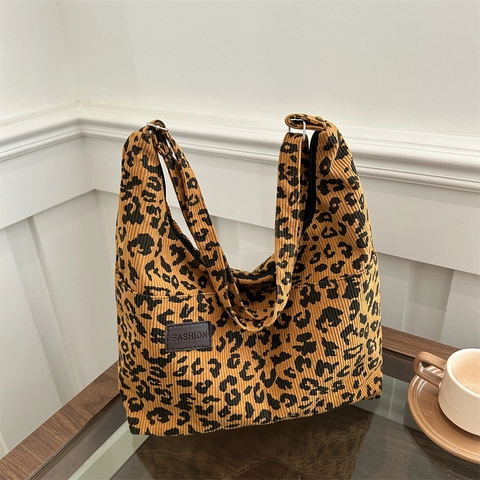 Bolso Tote De Pana Con Estampado De Leopardo Para Mujer Gran Capacidad Retro Casual Bolso De Hombro