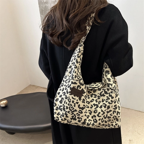 Bolso Tote De Pana Con Estampado De Leopardo Para Mujer Gran Capacidad Retro Casual Bolso De Hombro