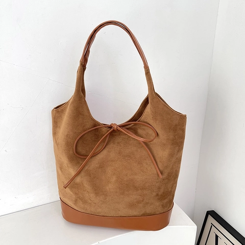 Large Capacity Faux Suede Tote Bag For Women Retro Bow Detail Shoulder Bag Commuting Patchwork PU Leather Handbag