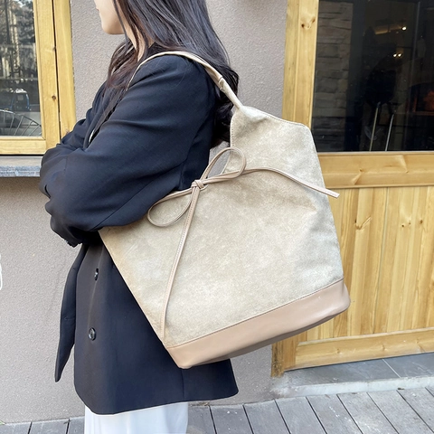 Large Capacity Faux Suede Tote Bag For Women Retro Bow Detail Shoulder Bag Commuting Patchwork PU Leather Handbag