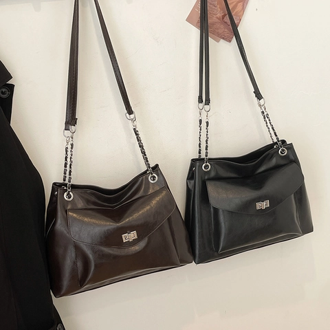 Bolso de Mano de Cuero PU Retro para Mujer Gran Capacidad Con Correa de Cadena Cierre de Giro Minimalista Casual Diario