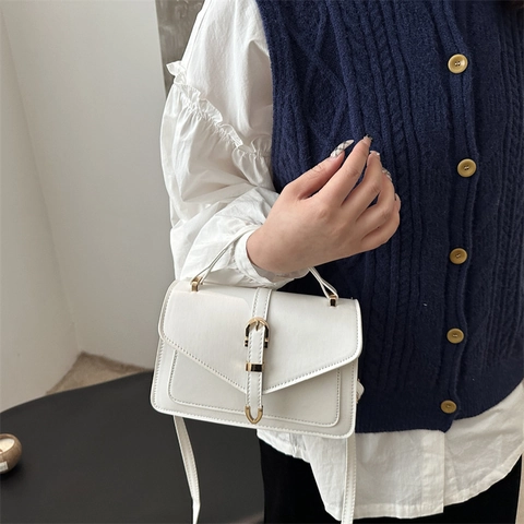 Women Fashion PU Leather Crossbody Bag Small Square Handbag Gold Buckle Top Handle Adjustable Strap Minimalist Shoulder Bag
