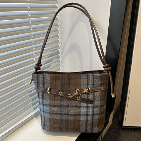 Bolso de Cubo de Tweed de Lana a Cuadros Vintage para Mujer Moda Color de Contraste Cuero PU Bandoulière Hebilla
