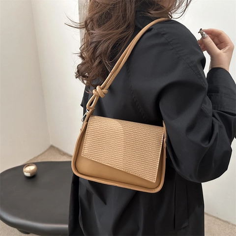 Bolso de Hombro de Cuero PU Retro Estilo Coreano para Mujer Color Sólido Textura Ondulada Solapa Bolso de Axila Moda