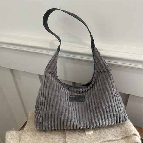Women's Fashion Corduroy Shoulder Bag Large Capacity Casual Underarm Tote Bag Vintage Soft Cloth Hobo Purse Solid Color Handbag