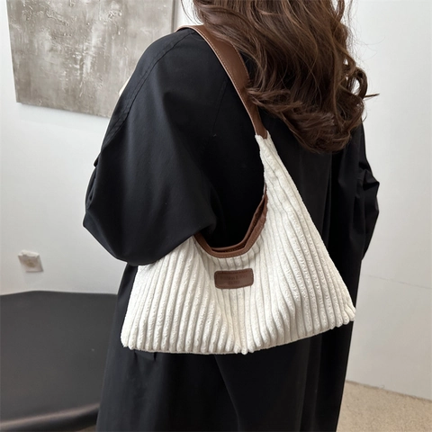 Women's Fashion Corduroy Shoulder Bag Large Capacity Casual Underarm Tote Bag Vintage Soft Cloth Hobo Purse Solid Color Handbag