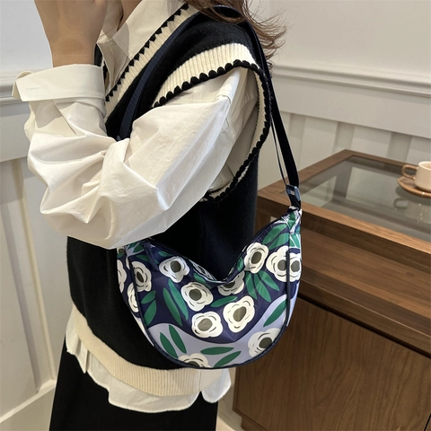 Damen Crossbody Tasche Große Kapazität Floral Gestreift Bedruckt Halbmond Tasche Lässig Verstellbarer Riemen Nylon