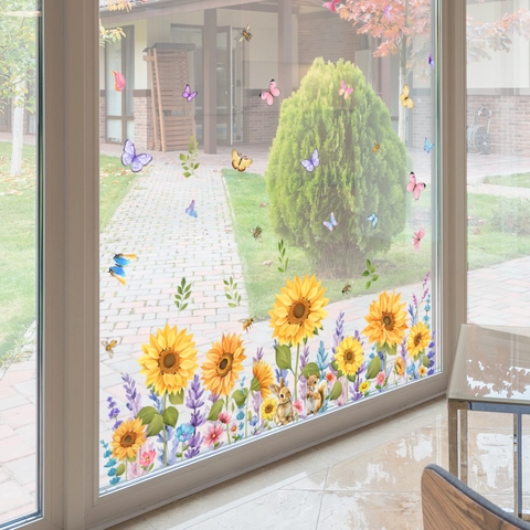 Sunflower Butterfly Window Stickers Static Cling Glass Decals Double Sided Floral Animal Squirrel Rabbit Decor Kitchen